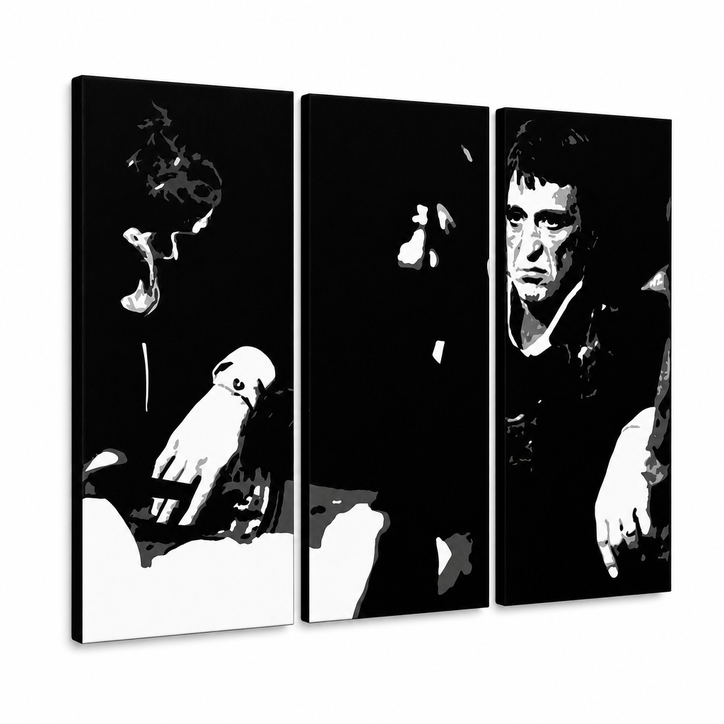 Ručno oslikana POP Art slika SCARFACE-AL PACINO 6 dijelova al5 – 3D vizualizacija ručno oslikanog platna na bijeloj pozadini. Dominantne boje: crna, bijela.