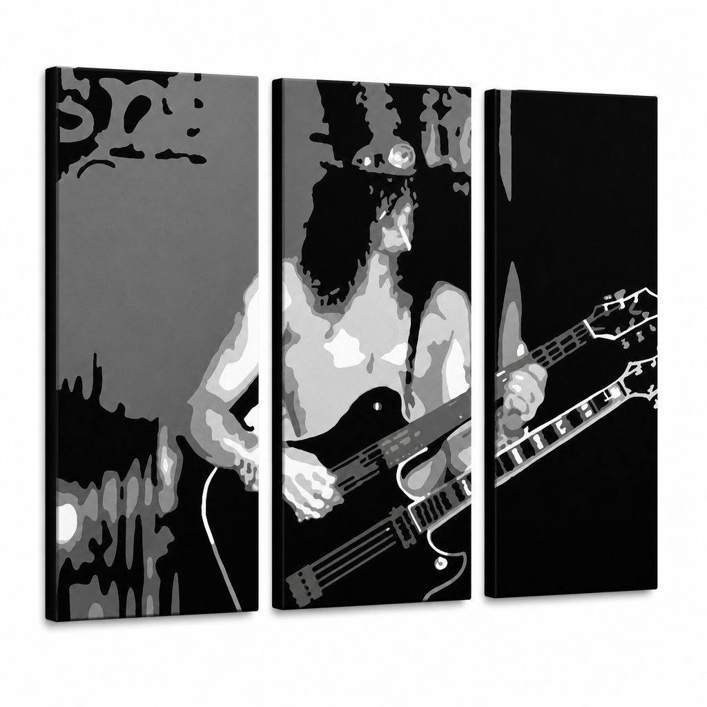 Ručno oslikana POP Art slika Slash 3 dijela en – 3D vizualizacija ručno oslikanog platna na bijeloj pozadini. Dominantne boje: crna, bijela, siva.