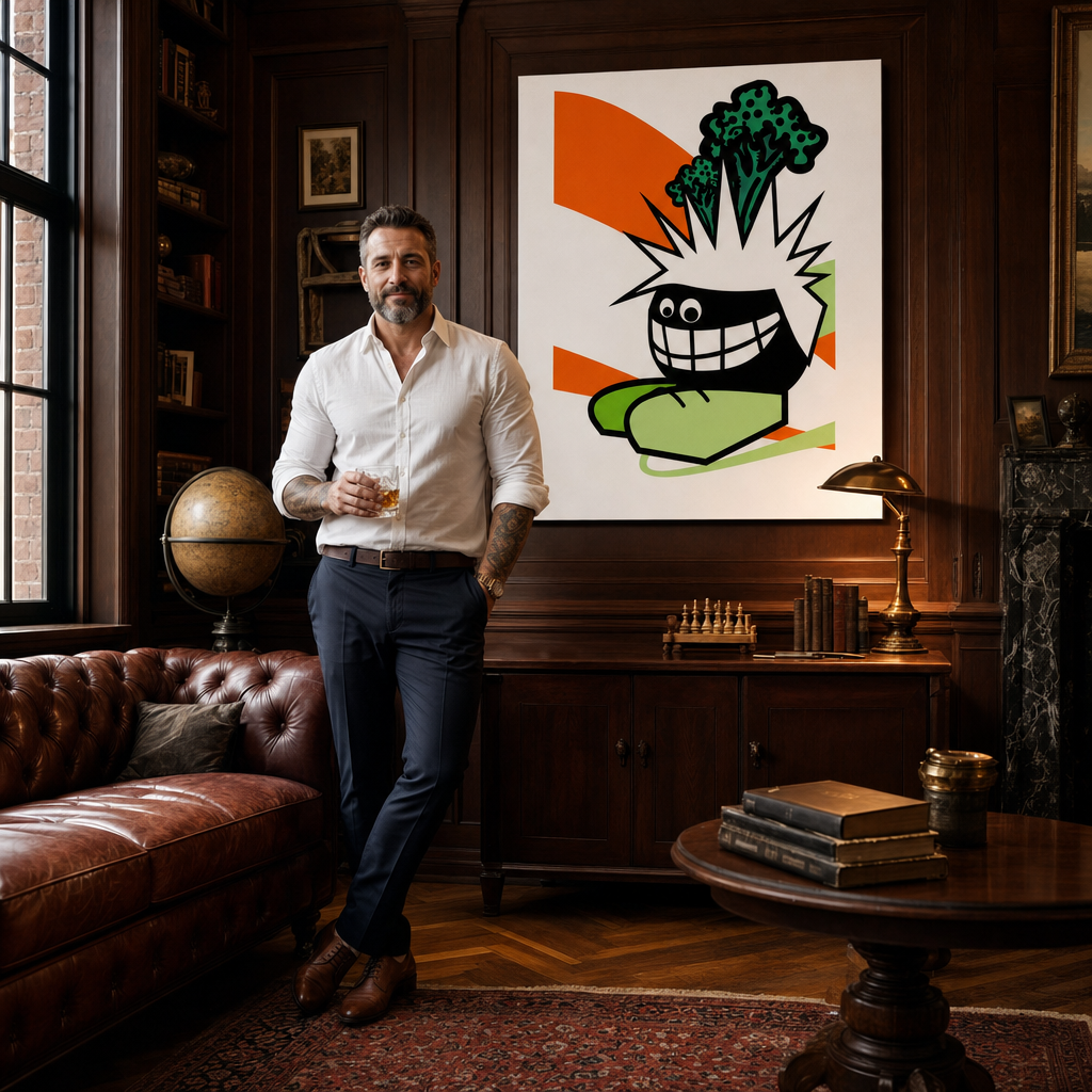 Ručno oslikana POP Art slika Smiješna 1 komad zabavna – slika u modernom muškom enterijeru, lifestyle vizualizacija. Dominantne boje: narandžasta, crna, zelena.