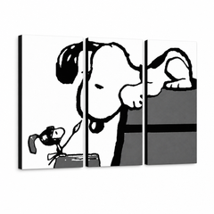 Ručno oslikana POP Art slika SNOOPY 3 dijela snoopy3 – 3D vizualizacija ručno oslikanog platna na bijeloj pozadini. Dominantne boje: crna, bijela, siva.