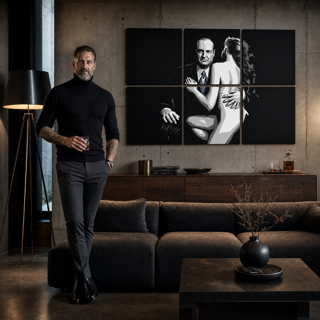 Ručno oslikana POP Art slika SOPRANOSA, 6 dijelova, sop2 – slika u modernom muškom enterijeru, lifestyle vizualizacija. Dominantne boje: crna, bijela, plava.