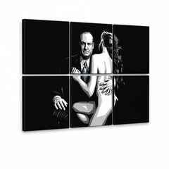 Ručno oslikana POP Art slika SOPRANOSA, 6 dijelova, sop2 – 3D vizualizacija ručno oslikanog platna na bijeloj pozadini. Dominantne boje: crna, bijela, plava.