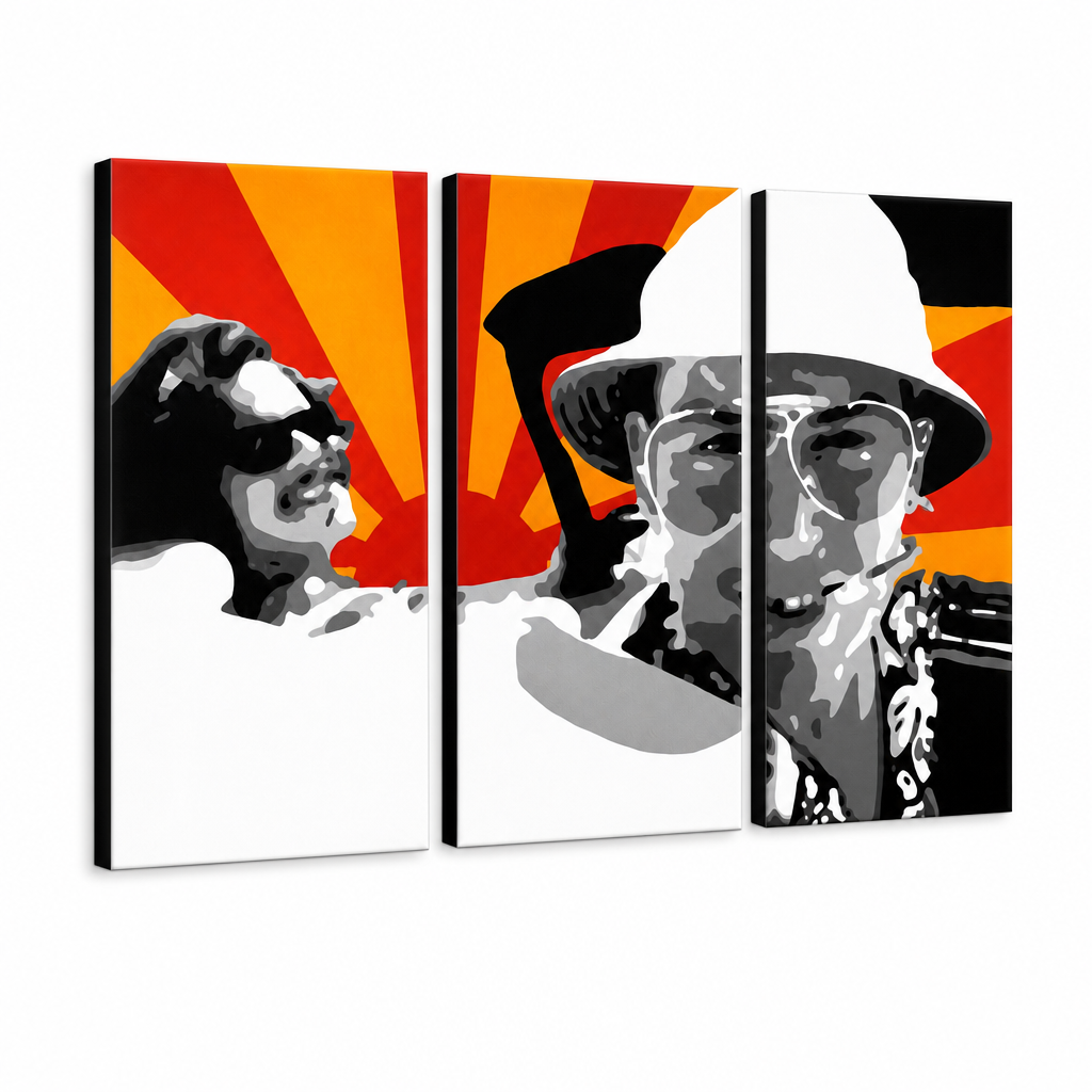 Ručno oslikana POP Art slika Strah i prezir u Las Vegasu, 3 dijela, lv2 – 3D vizualizacija ručno oslikanog platna na bijeloj pozadini. Dominantne boje: crna, crvena, narandžasta, bijela, siva.