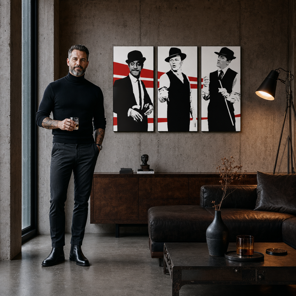 Ručno oslikana POP Art slika Štakorski paket od 3 komada rp – slika u modernom muškom enterijeru, lifestyle vizualizacija. Dominantne boje: crna, bijela, crvena.