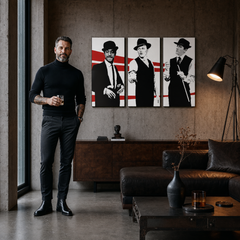 Ručno oslikana POP Art slika Štakorski paket od 3 komada rp – slika u modernom muškom enterijeru, lifestyle vizualizacija. Dominantne boje: crna, bijela, crvena.