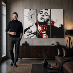 Ručno oslikana POP Art slika Taksist od 3 dijela taksija – slika u modernom muškom enterijeru, lifestyle vizualizacija. Dominantne boje: crna, bijela, crvena, siva, narandžasta.