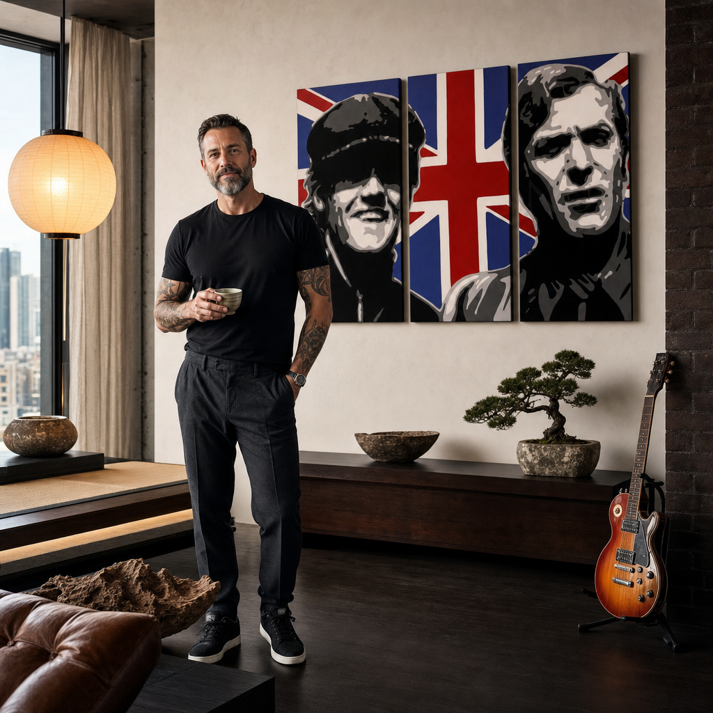 Ručno oslikana POP Art slika Talijanski posao od 3 dijela ij – slika u modernom muškom enterijeru, lifestyle vizualizacija. Dominantne boje: crna, bijela, plava, crvena, smeđa.