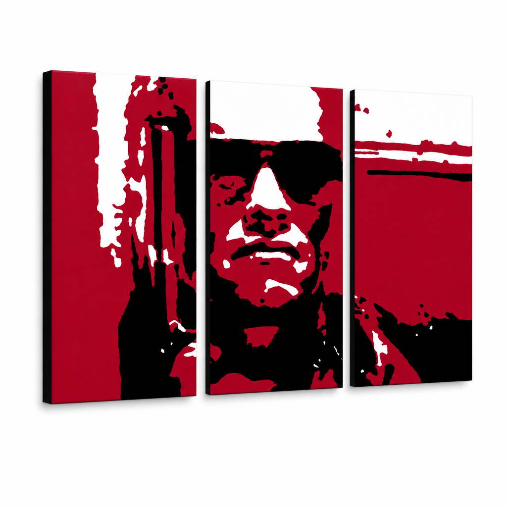 Ručno oslikana POP Art slika Terminator 3 dijela ter2 – 3D vizualizacija ručno oslikanog platna na bijeloj pozadini. Dominantne boje: crvena, crna, siva.