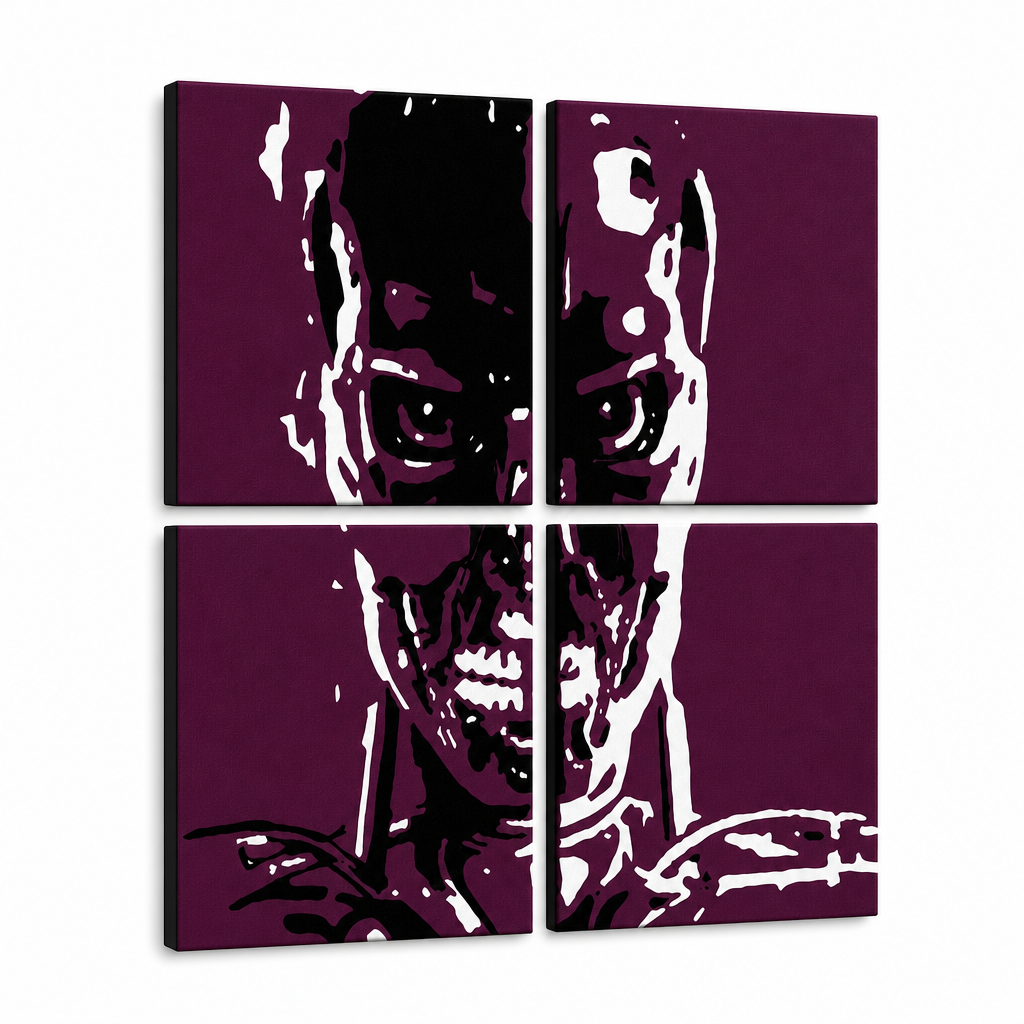 Ručno oslikana POP Art slika TERMINATOR, 4 dijela ter – 3D vizualizacija ručno oslikanog platna na bijeloj pozadini. Dominantne boje: crna, bijela, ljubičasta.