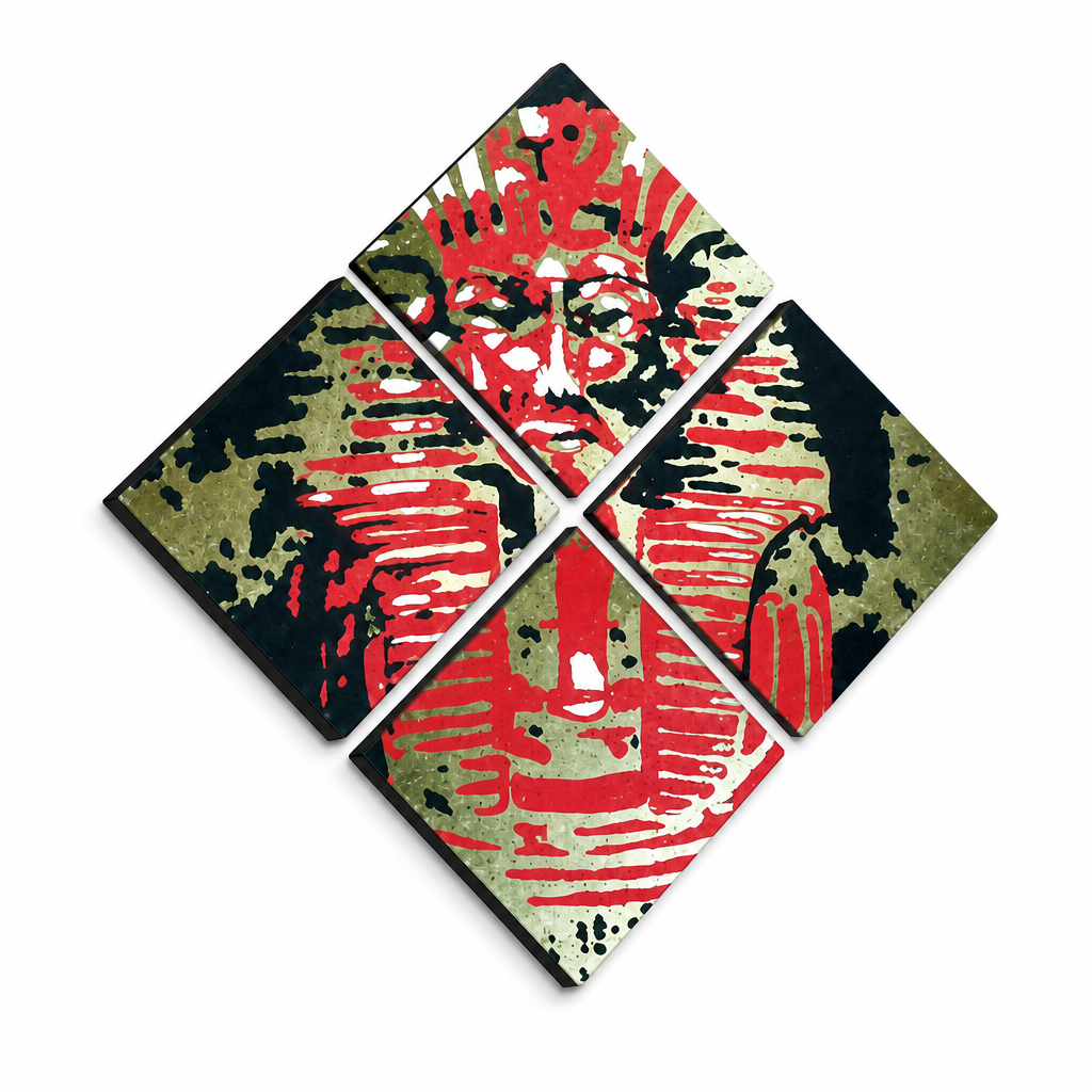 Ručno oslikana POP Art slika Tutan Chamon iz 4 dijela ovdje – 3D vizualizacija ručno oslikanog platna na bijeloj pozadini. Dominantne boje: crna, crvena, smeđa.
