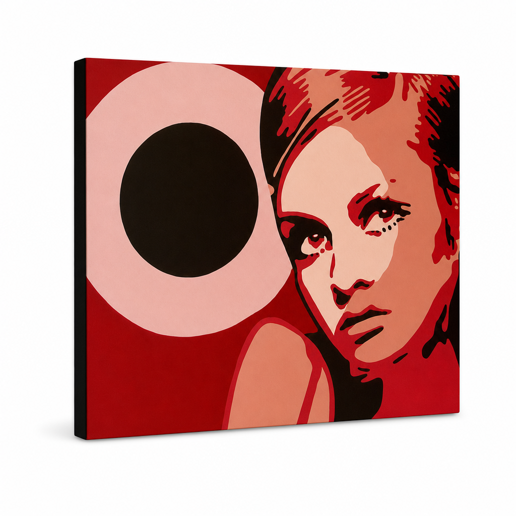 Ručno oslikana POP Art slika Twigy 1 komad 0001 tw – 3D vizualizacija ručno oslikanog platna na bijeloj pozadini. Dominantne boje: crvena, roza, crna, bež, narandžasta.