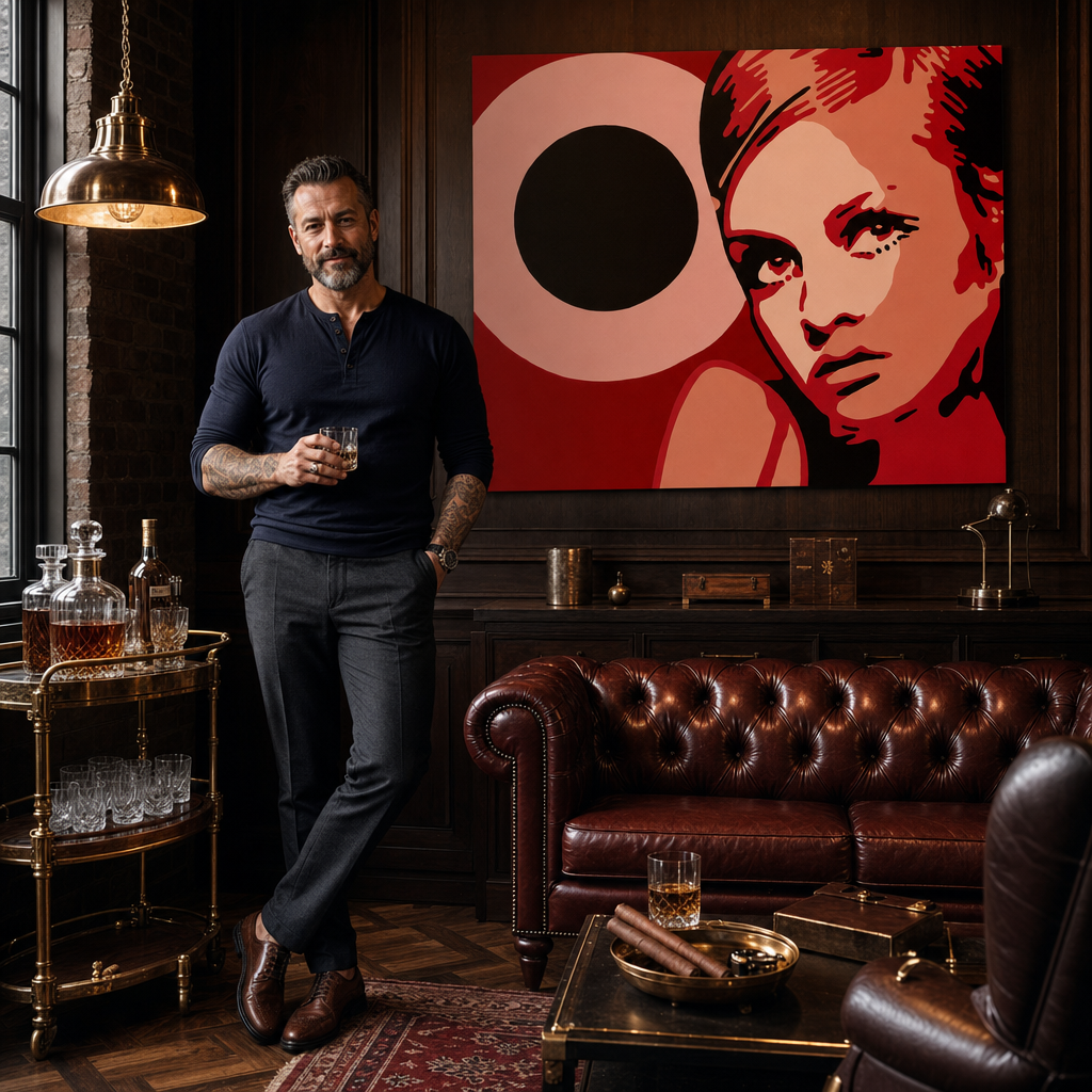 Ručno oslikana POP Art slika Twigy 1 komad 0001 tw – slika u modernom muškom enterijeru, lifestyle vizualizacija. Dominantne boje: crvena, roza, crna, bež, narandžasta.