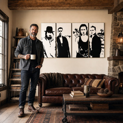 Ručno oslikana POP Art slika U2 u crnoj boji od 4 dijela U22 – slika u modernom muškom enterijeru, lifestyle vizualizacija. Dominantne boje: crna, bijela.