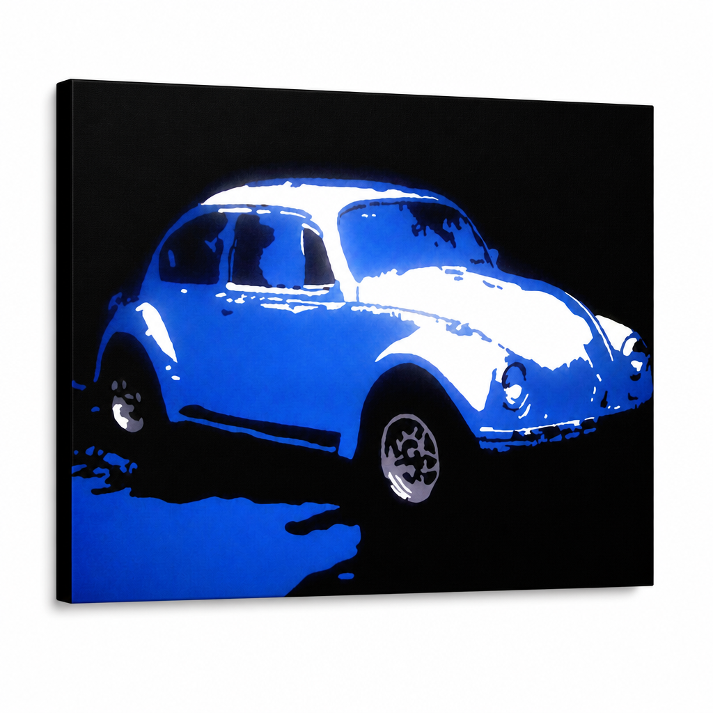 Ručno oslikana POP Art slika Volkswagen Buba 1 dio k – 3D vizualizacija ručno oslikanog platna na bijeloj pozadini. Dominantne boje: plava, bijela, crna.