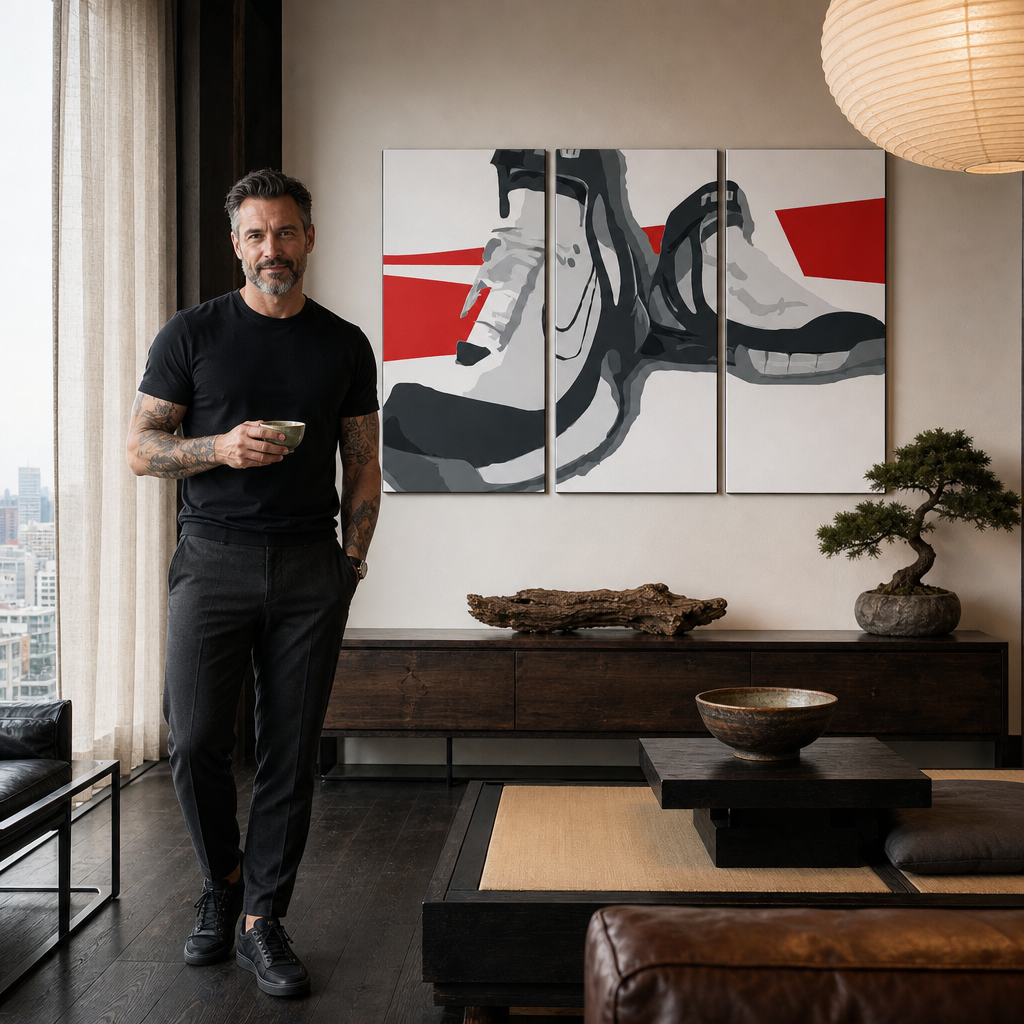 Ručno oslikane POP Art čizme, čizme od 3 dijela – slika u modernom muškom enterijeru, lifestyle vizualizacija. Dominantne boje: crna, bijela, crvena.