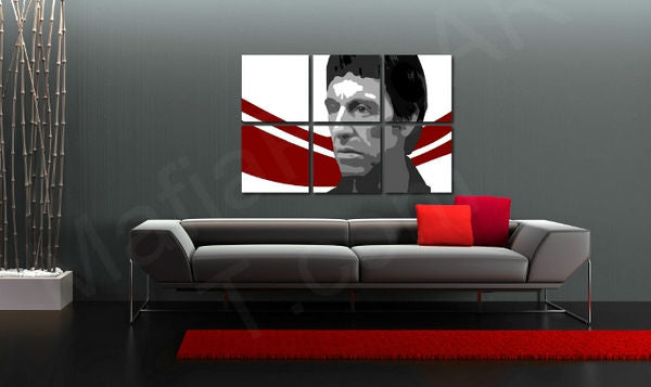 Ručno slikan slika na platnu s motivom AL PACINO u bijelo-crnih nijansama okačena u enterijeru dnevnog boravka, urbana atmosfera, gradski život i pop kultura – enterijer