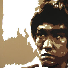 Ručno slikan slika na platnu s motivom AL Bruce Lee u smeđe-bijelih nijansama, intenzivna atmosfera, snaga i ikonografija | Ručno slikan POP Art slika AL Bruce Lee – proizvod, pogled 2