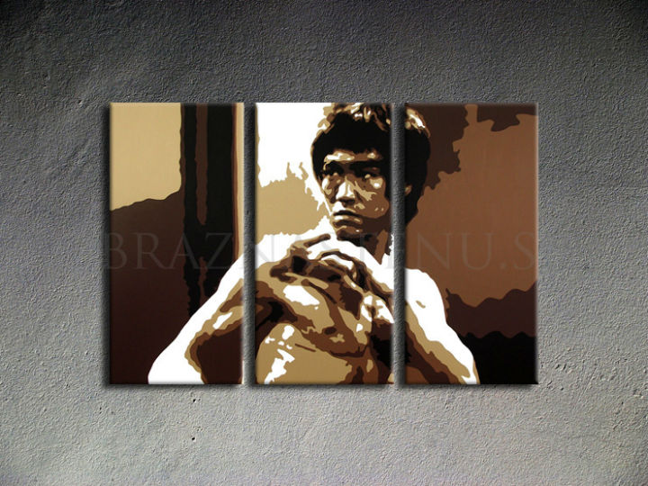 Ručno slikan slika na platnu s motivom AL Bruce Lee u smeđe-bijelih nijansama, intenzivna atmosfera, snaga i ikonografija | Ručno slikan POP Art slika AL Bruce Lee – proizvod