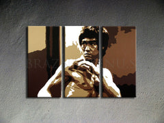 Ručno slikan slika na platnu s motivom AL Bruce Lee u smeđe-bijelih nijansama, intenzivna atmosfera, snaga i ikonografija | Ručno slikan POP Art slika AL Bruce Lee – proizvod