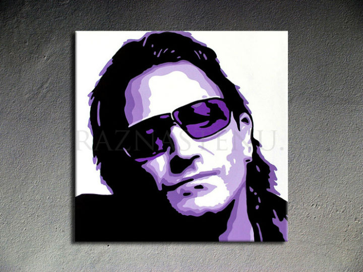 Ručno slikan slika na platnu s motivom Bono-U2 u ljubičasto-crnih nijansama, tajna i gradski život | Ručno slikan POP Art slika Bono-U2 – proizvod