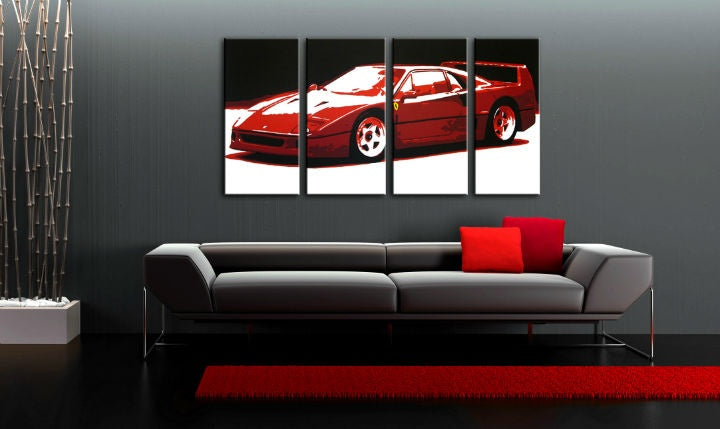 Pop art slika na platnu s motivom FERRARI F40 4 dijelni fer, automobil, priroda u bijelo-crvenih nijansama okačena u enterijeru dnevnog boravka, luksuzan utisak – enterijer