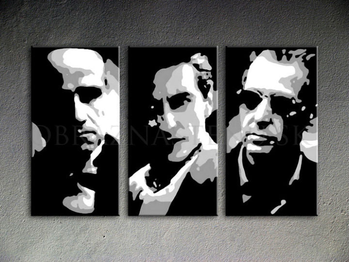 Ručno slikan slika na platnu s motivom GODFATHER u crno-bijelih nijansama, dramatična atmosfera, minimalizam | Ručno slikan POP Art slika GODFATHER – proizvod [YOBPPGOD2-120X80-24H]