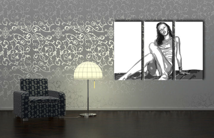 Pop art slika na platnu s motivom Kate Moss, priroda u bijelo-crnih nijansama okačena u enterijeru dnevnog boravka, ljepota | Ručno slikan POP Art slika Kate Moss – enterijer