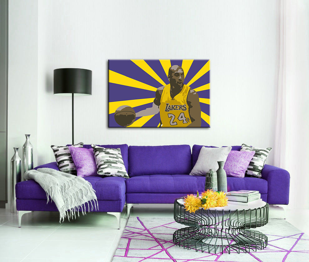 Pop art slika na platnu s motivom Koby Bryant, cvijeće, mapa, priroda, sportski motiv u bijelo-ljubičastih nijansama, energična atmosfera, pogodan za dnevnog boravka – glavna