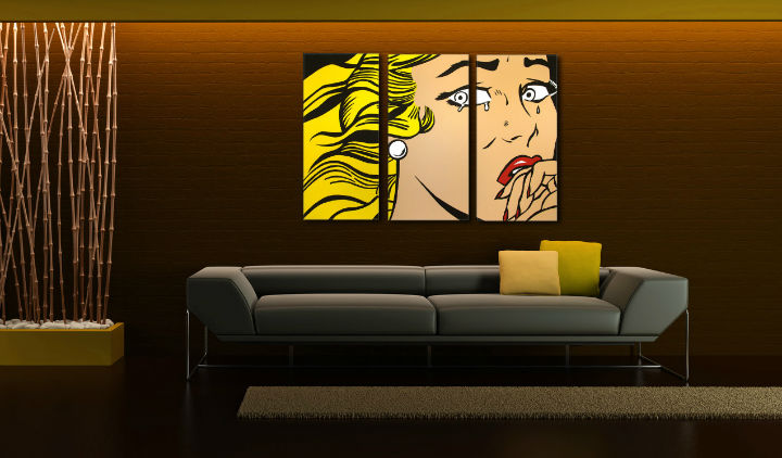 Ručno slikan slika na platnu s motivom LICHTENSTEIN, kosa u žuto-crnih nijansama, melanholična atmosfera, pop kultura | Ručno slikan POP Art slika LICHTENSTEIN – glavna
