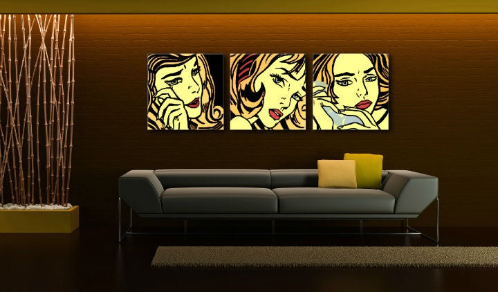 Pop art slika s motivom LICHTENSTEIN u bež-crvenih nijansama | Ručno slikan POP Art slika LICHTENSTEIN, pop kultura – pregled