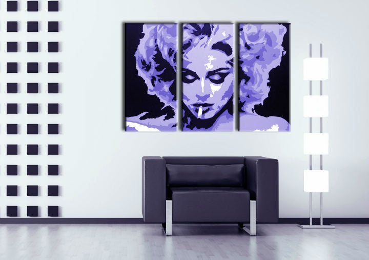 Pop art slika s motivom MADONNA, cigara, priroda u ljubičasto-crnih nijansama | Ručno slikan POP Art slika MADONNA, slava i ikonografija – pregled