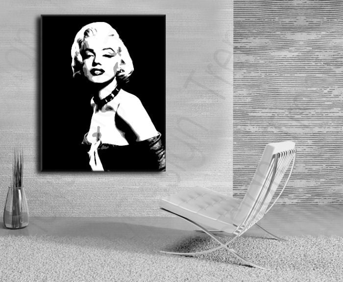 Ručno slikan slika na platnu s motivom Marilyn Monroe u crno-bijelih nijansama, dramatična atmosfera, slava i ikonografija | Ručno slikan POP Art slika Marilyn Monroe – proizvod
