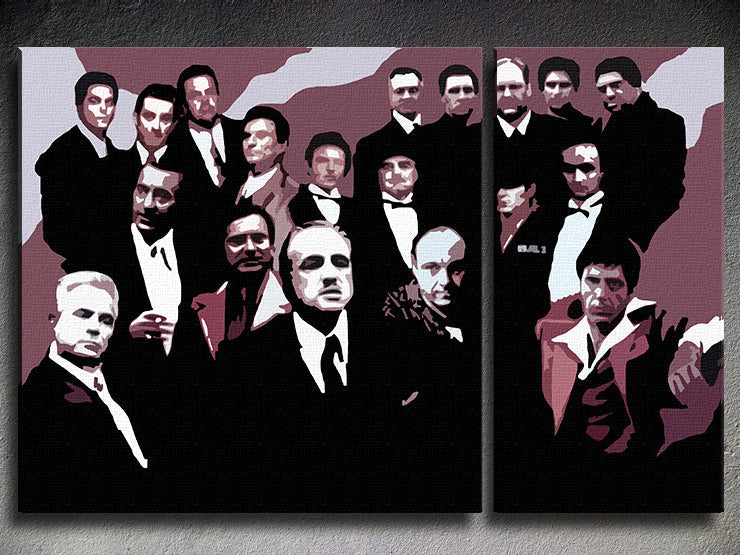 Pop art slika na platnu s motivom The MAFIA Family, automobil u bijelo-crnih nijansama, dramatična atmosfera, porodica i snaga i moć, pogodan za dnevnog boravka – glavna