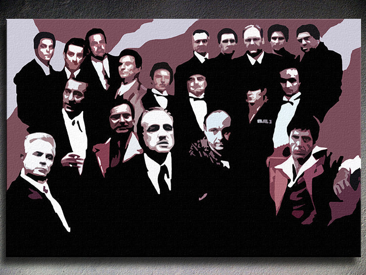 Pop art slika na platnu s motivom The MAFIA Family, automobil u bijelo-crnih nijansama, dramatična atmosfera, porodica i snaga i moć, pogodan za dnevnog boravka – glavna [YOBPPFAMILY2]