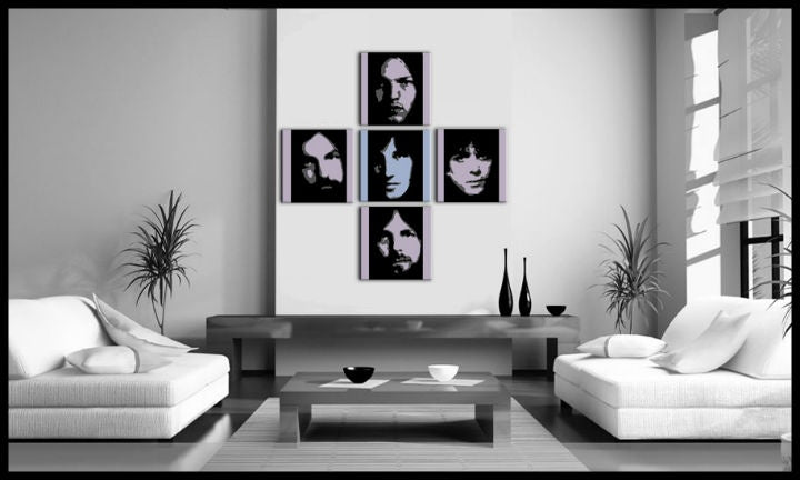 Pop art slika na platnu s motivom Pink Floyd 4 dijelni pf, priroda u bijelo-plavih nijansama okačena u enterijeru kancelarije, muzička istorija – enterijer