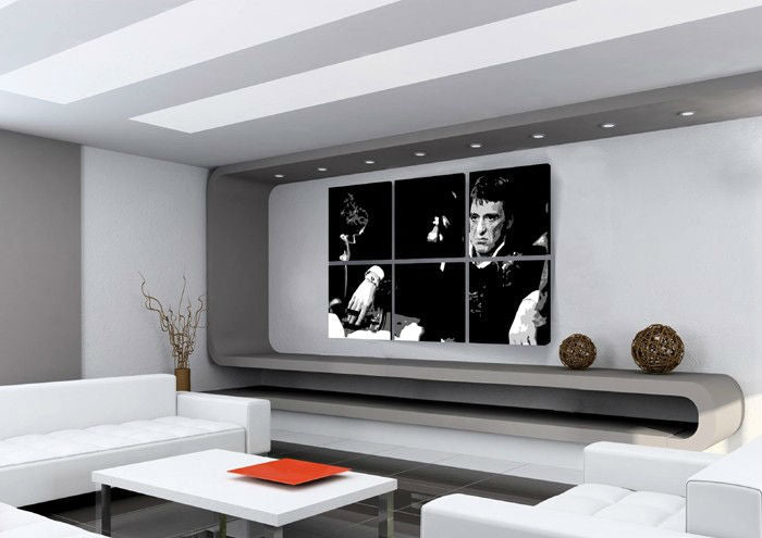 Ručno slikan slika na platnu s motivom SCARFACE-AL PACINO u crno-bijelih nijansama, dramatična atmosfera, filmski svijet i luksuzan utisak | Ručno slikan POP Art slika SCARFACE-AL PACINO – glavna