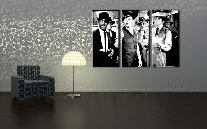 Pop art slika na platnu s motivom Rat Pack, priroda u bijelo-crvenih nijansama okačena u enterijeru dnevnog boravka, nostalgična atmosfera, muzička istorija – enterijer, pogled 3