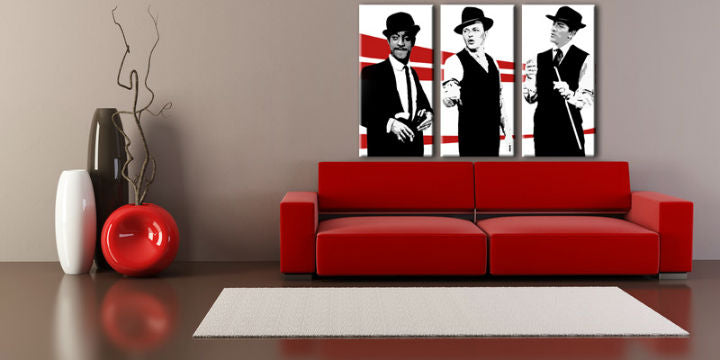 Pop art slika na platnu s motivom Rat Pack, priroda u bijelo-crvenih nijansama okačena u enterijeru dnevnog boravka, nostalgična atmosfera, muzička istorija – enterijer