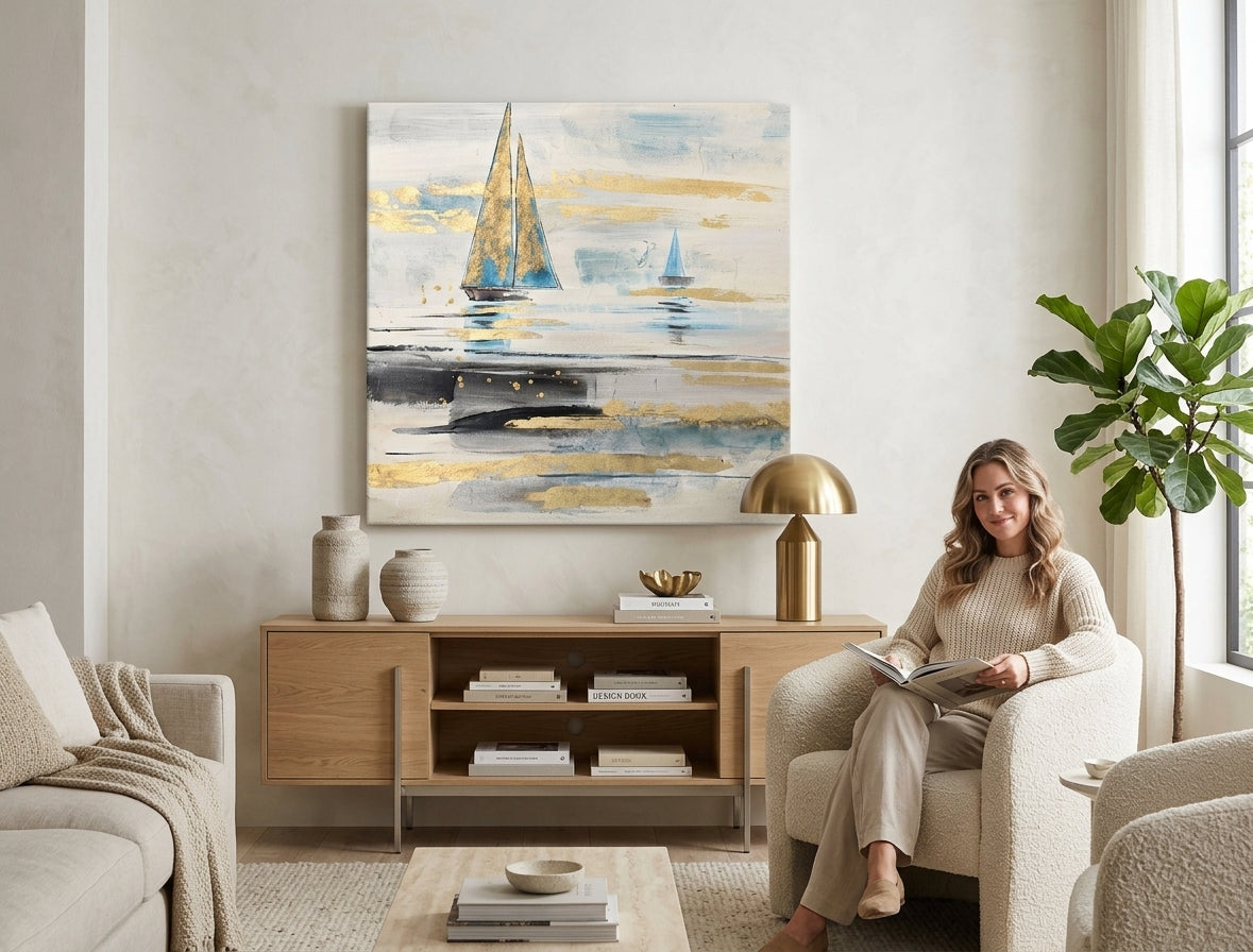 Elegantna ručno oslikana slika Brodovi 80x80 cm, savršeno uklopljena u moderni interijer dnevne sobe, donoseći mirnu pomorsku atmosferu i stil.