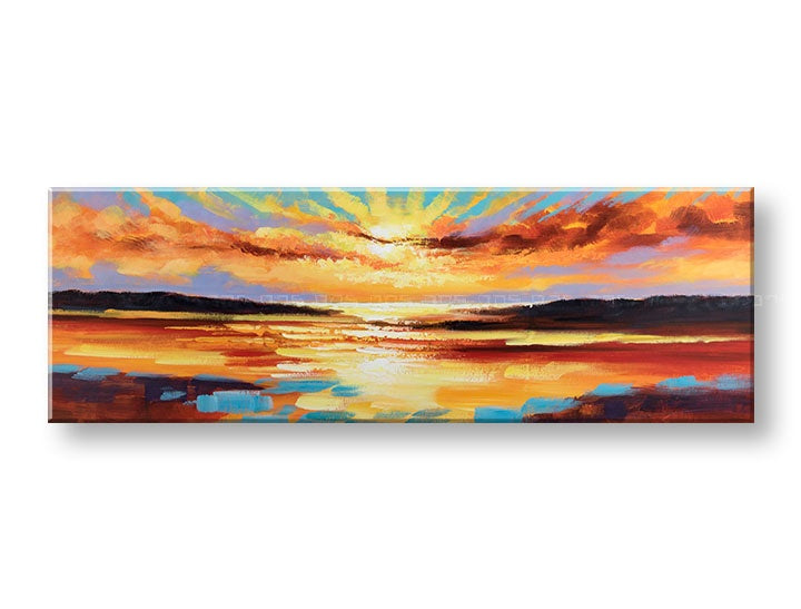 Papilora ručno oslikana slika na platnu Zalazak sunca, 150x50 cm. Prikazana u 3D perspektivi, s toplim nijansama narandžaste, žute i crvene, te plave i sive.