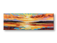 Papilora ručno oslikana slika na platnu Zalazak sunca, 150x50 cm. Prikazana u 3D perspektivi, s toplim nijansama narandžaste, žute i crvene, te plave i sive.