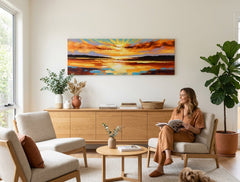 Ručno oslikana slika na platnu Zalazak sunca, 150x50 cm, u modernom dnevnom boravku. Unosi toplinu i mir, s bojama koje se stapaju s bež, sivim i bijelim tonovima.
