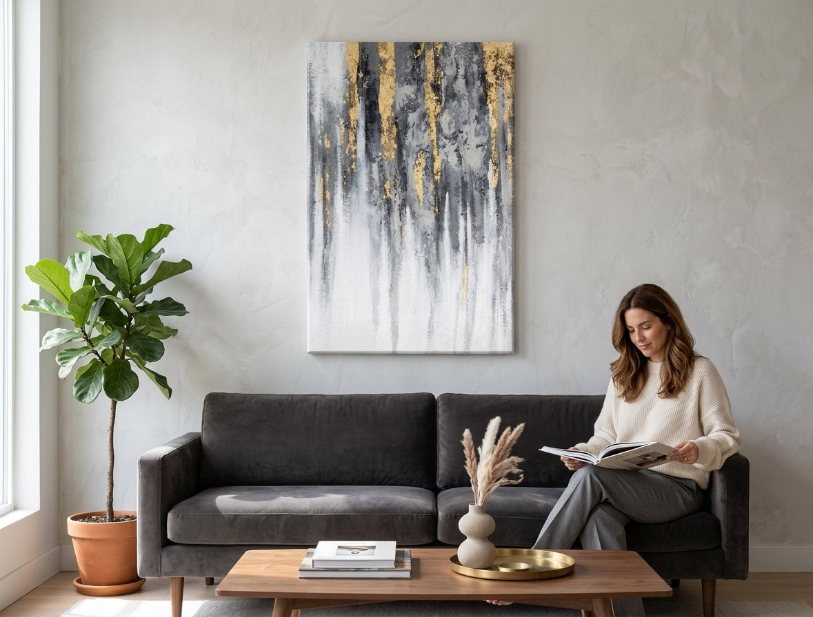 Ručno slikan slika na platnu s motivom šuma u bijelo-sivih nijansama okačena u enterijeru kancelarije, elegantna atmosfera, priroda i minimalizam – enterijer