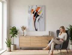 Pop art slika na platnu s motivom pejzaž, priroda u bijelo-narandžastih nijansama okačena u enterijeru kancelarije, energična atmosfera, pokret | Slikana slika za zid APSTRAKT – enterijer