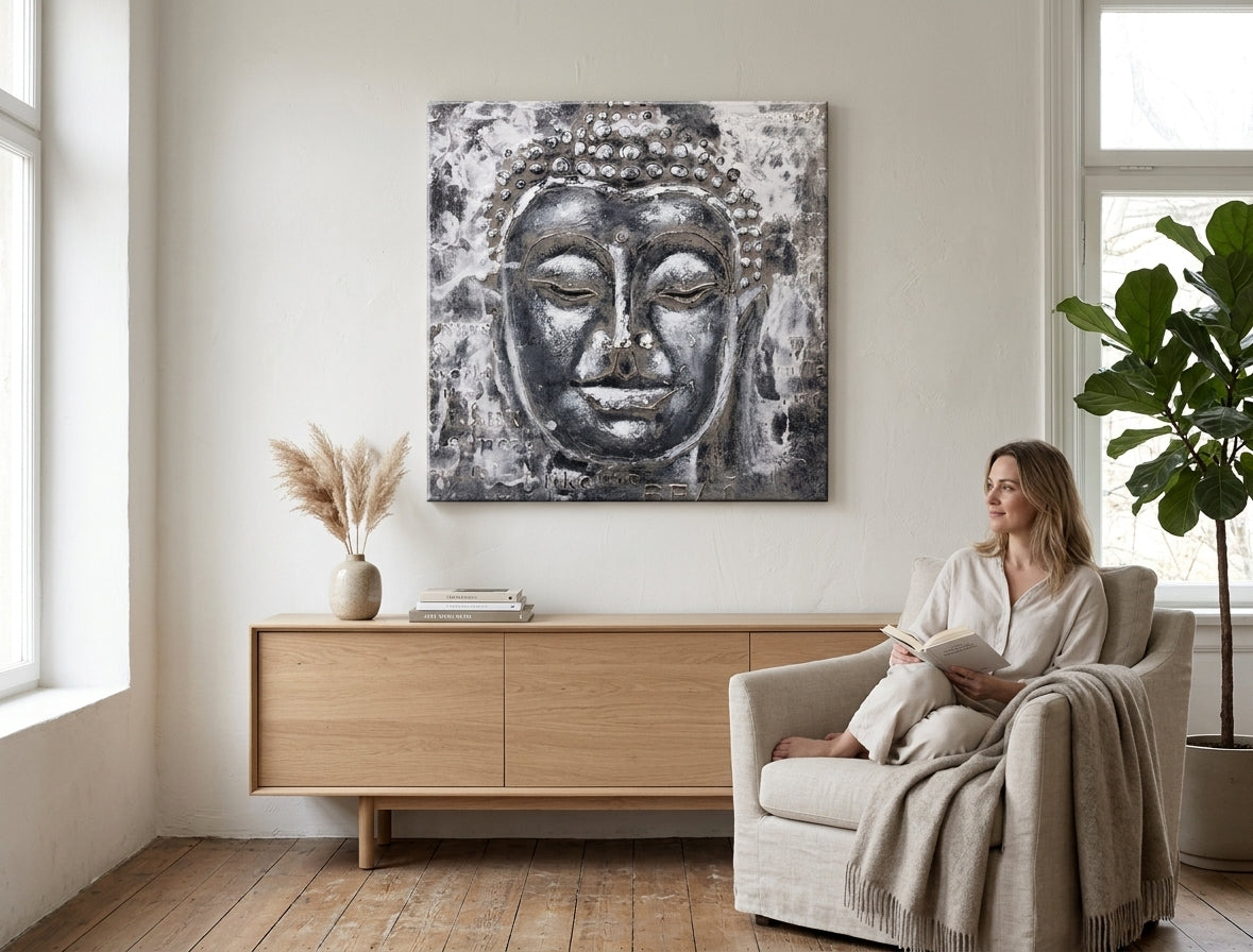 Ručno slikan slika na platnu s motivom BUDHA, Buddha u bijelo-sivih nijansama okačena u enterijeru dnevnog boravka, mirna atmosfera, duhovnost – enterijer