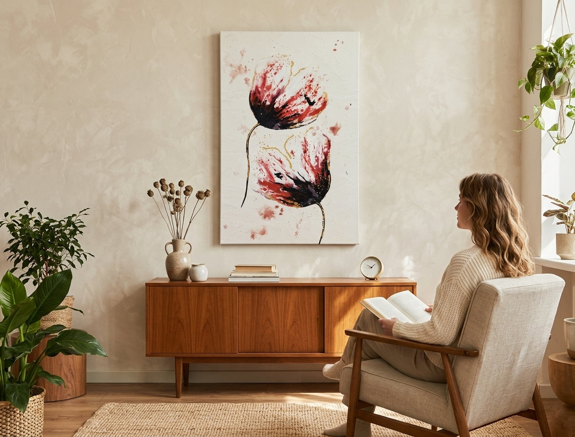 Ručno slikan slika na platnu s motivom cvijeće, tulipani, priroda u bijelo-ružičastih nijansama okačena u enterijeru hodnika, elegantna atmosfera – enterijer