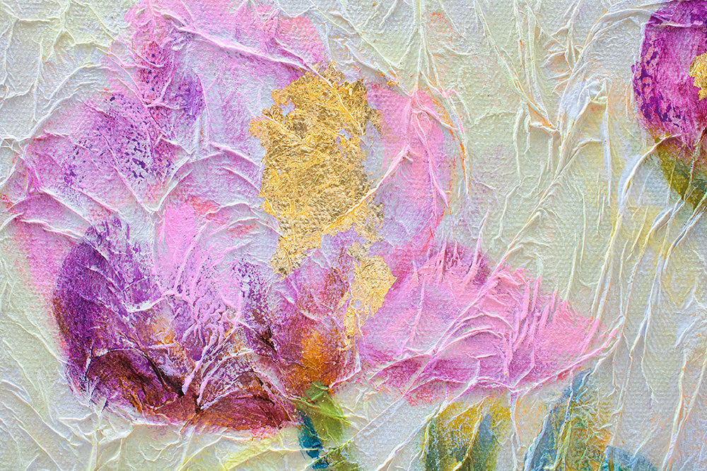 Pop art slika na platnu s motivom cvijeće, lišće, bašta, pejzaž, priroda u plavo-zlatnih nijansama, vesela atmosfera, priroda i proljetna atmosfera – proizvod