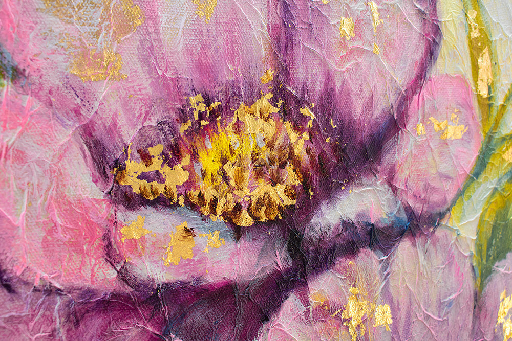 Pop art slika na platnu s motivom cvijeće, lišće, bašta, pejzaž, priroda u plavo-zlatnih nijansama, vesela atmosfera, priroda i proljetna atmosfera – proizvod, pogled 3