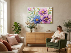 Pop art slika na platnu s motivom cvijeće, lišće, bašta, pejzaž, priroda u plavo-zlatnih nijansama okačena u enterijeru spavaće sobe, vesela atmosfera – enterijer
