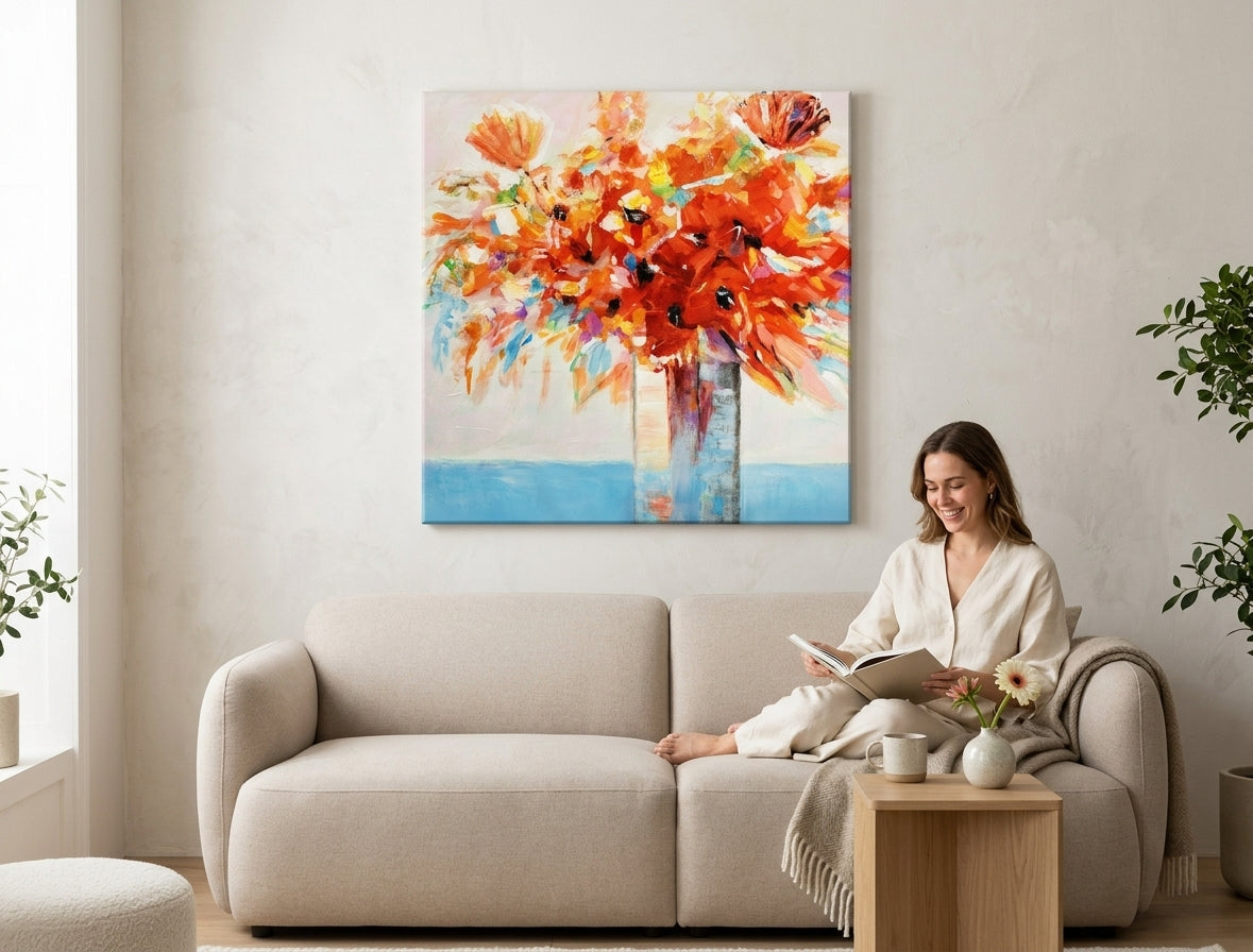 U boho stilu slika na platnu s motivom CVIJEĆE VO VAZE, cvijeće, vaza, priroda u bijelo-plavih nijansama okačena u enterijeru kuhinje, vesela atmosfera – enterijer